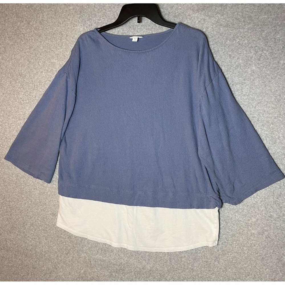 Pure Jill Top Womens Medium Blue‎ White Oversized Linen Blend Layered